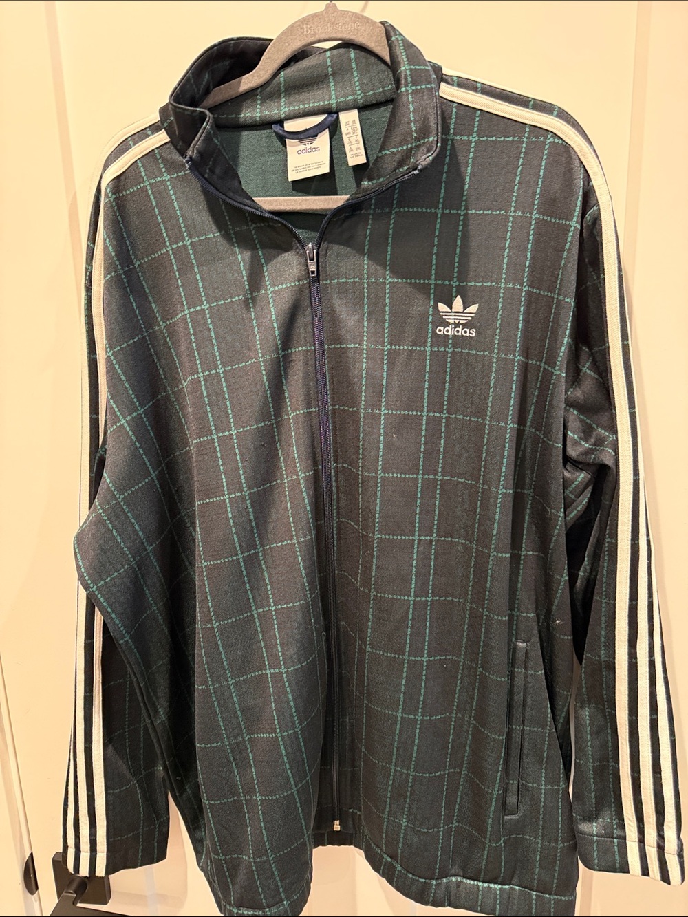 adidas Men’s Black Grid Track Jacket with Teal Windowpane